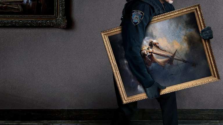 A man wearing a Boston Police uniform walks out of a museum with a Rembrandt under his arm