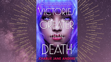 A book cover featuring a girl with blue hair is in the center of a space background