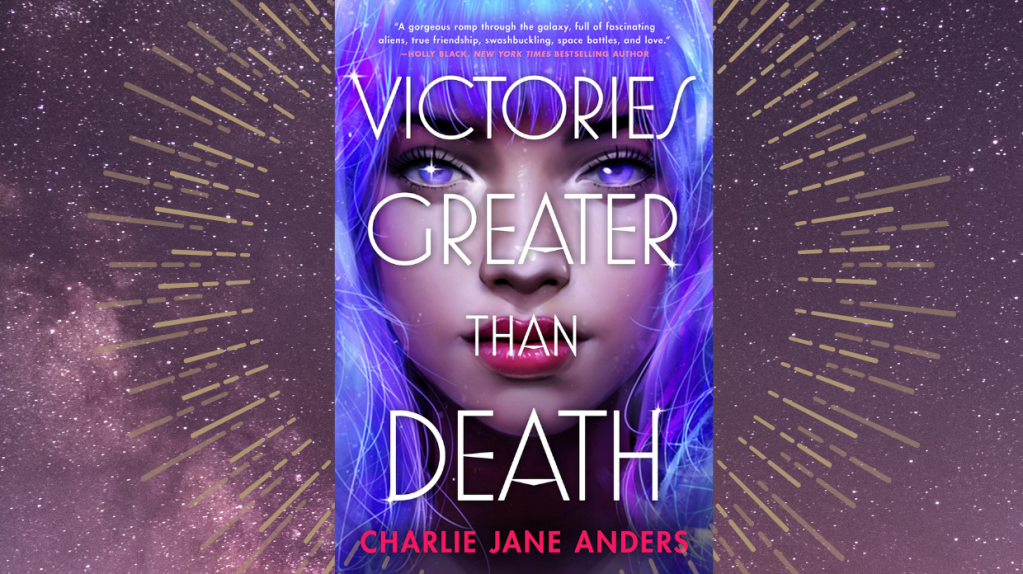 A book cover featuring a girl with blue hair is in the center of a space background