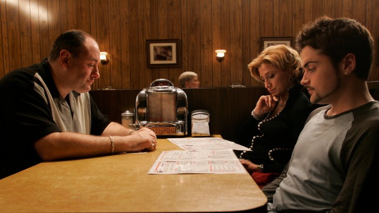 Tony, Carmella, and AJ Soprano at Holsten's Diner in The Sopranos finale
