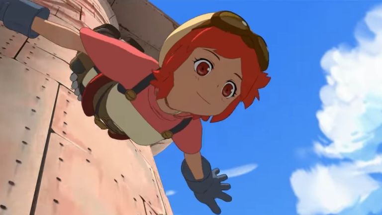 Sara falls gracefully off of an industrial structure with the blue sky above her in Netflix's Eden