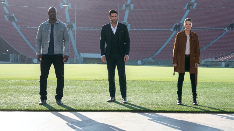 D.B. WOODSIDE as AMENADIEL, TOM ELLIS as LUCIFER MORNINGSTAR and LAUREN GERMAN as CHLOE DECKER in episode 516 of LUCIFER