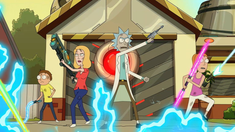 Morty, Beth, Rick, and Summer battle foes in Rick and Morty