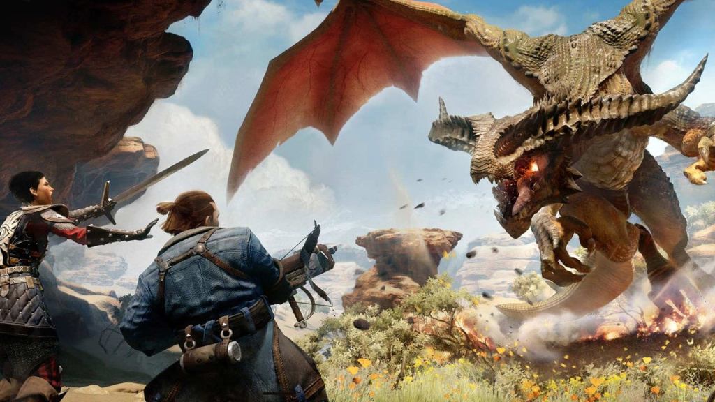 Two people face off against a massive dragon in the Dragon Age: Inquisition video game