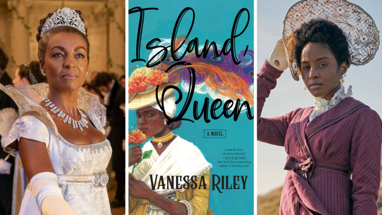 Lady Danbury in Bridgerton, the book cover for Island Queen, and Georgiana from Sanditon