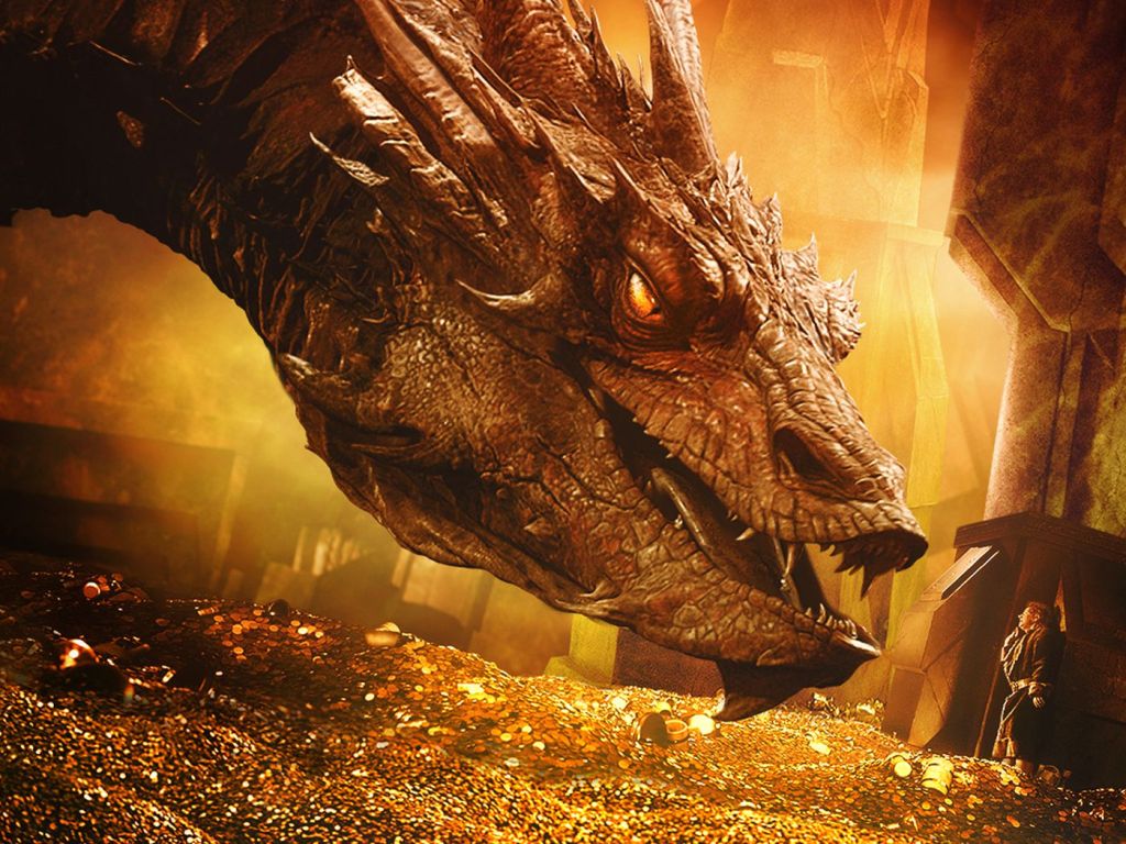 Smaug amongst his treasure in The Hobbit