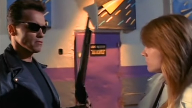 Arnold Schwarzenegger and Axl Rose in the Terminator 2 "You Could Be Mine" video.