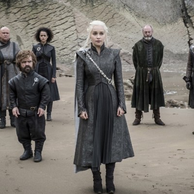 Varys, Tyrion Lannister, Missandei, Daenerys Targaryen, Davos Seaworth, and Jon Snow in Game of Thrones season 7