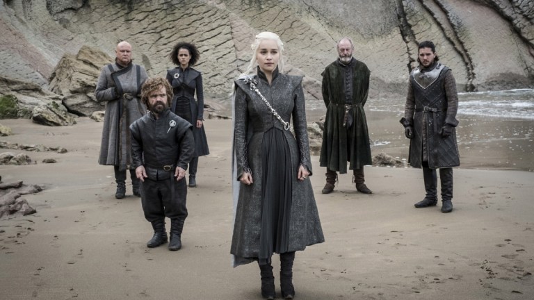Varys, Tyrion Lannister, Missandei, Daenerys Targaryen, Davos Seaworth, and Jon Snow in Game of Thrones season 7