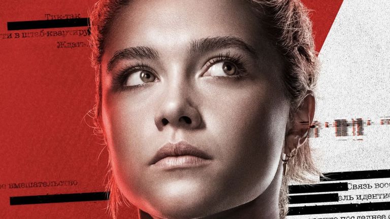 A close-up of Florence Pugh's face as Yelena in Black Widow