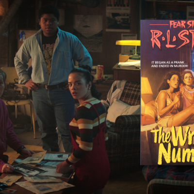 Three teens sit around a table in Netflix's Fear Street, with a book cover of R.L. Stine's Fear Street superimposed on the image