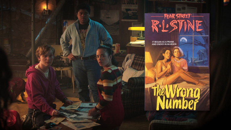 Three teens sit around a table in Netflix's Fear Street, with a book cover of R.L. Stine's Fear Street superimposed on the image