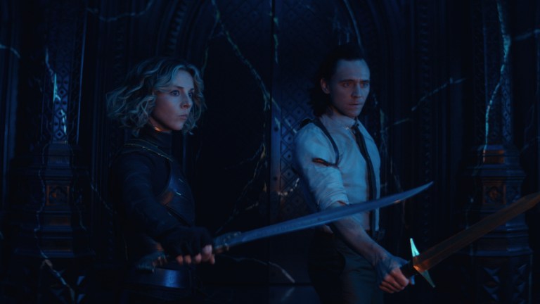 Sylvie (Sophia Di Martino) and Loki (Tom Hiddleston) in Marvel Studios' Loki episode 6