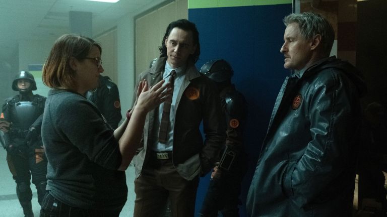 Kate Herron directs Tom Hiddleston and Owen Wilson on the set of Loki