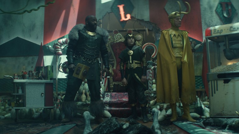 Boastful Loki (DeObia Oparei), Kid Loki (Jack Veal), Classic Loki (Richard E. Grant) and Alligator Loki in Marvel's Loki episode 5