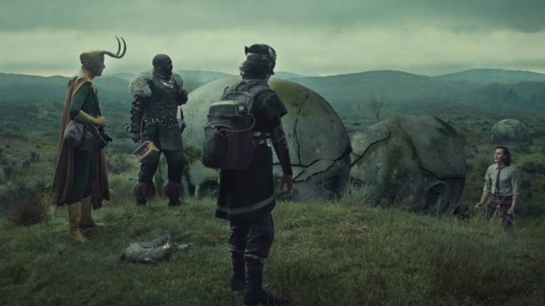 Kid Loki (Jack Veal), Alligator Loki, Classic Loki (Richard E. Grant), Boastful Loki (DeObia Oparei) and Loki (Tom Hiddleston) in Marvel's Loki episode 5