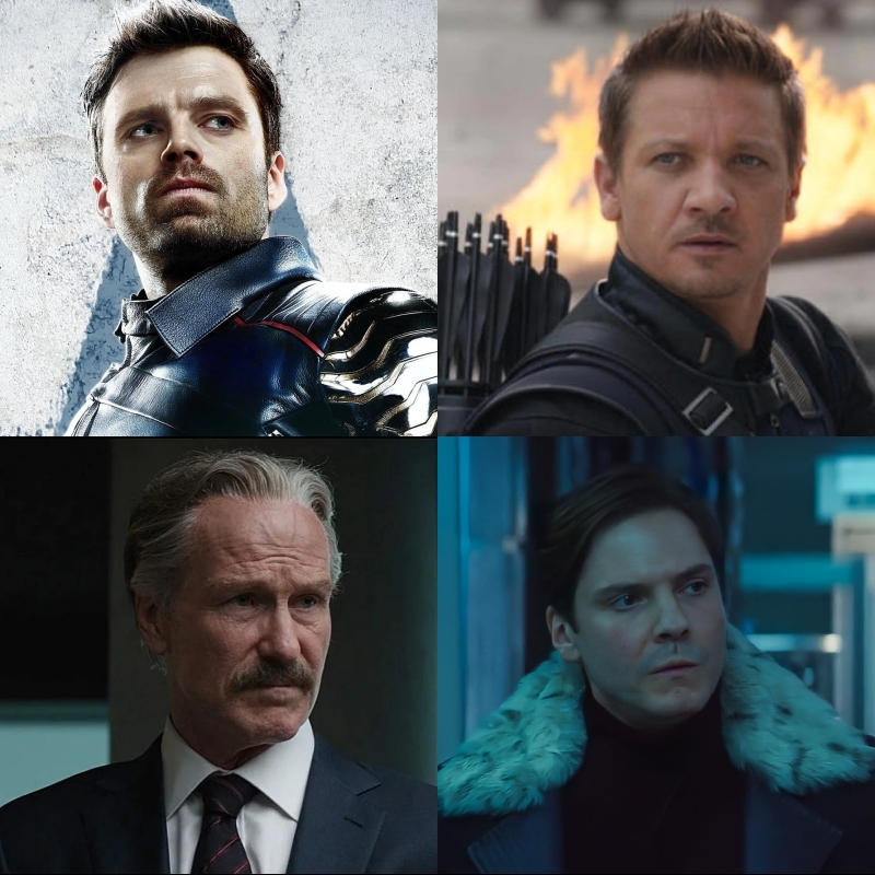 Sebastian Stan as Bucky, Jeremy Renner as Hawkeye, William Hurt as General Ross, Daniel Bruhl as Baron Zemo