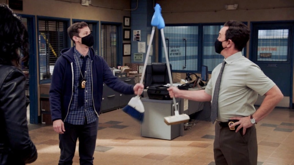 Jake Peralta (Andy Samberg) and Charles Boyle (Joe Lo Truglio) in Brooklyn Nine-Nine Season 8 Episode 1