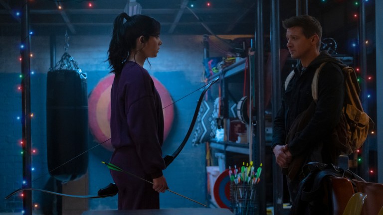 Kate Bishop (Hailee Steinfeld) and Hawkeye/Clint Barton (Jeremy Renner) in Marvel Studios' HAWKEYE