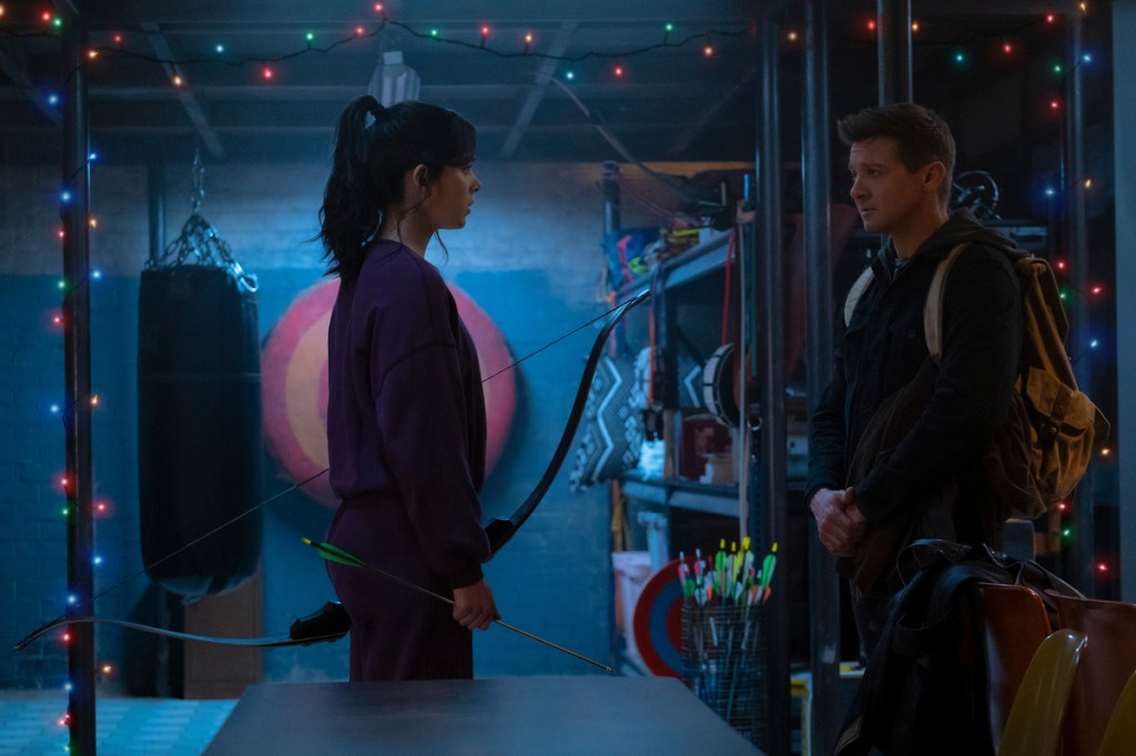 Kate Bishop (Hailee Steinfeld) and Hawkeye/Clint Barton (Jeremy Renner) in Marvel Studios' HAWKEYE