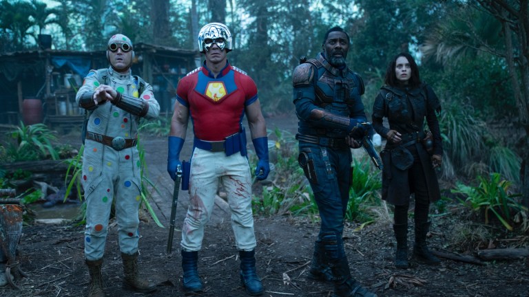 DAVID DASTMALCHIAN as Polka Dot Man, JOHN CENA as Peacemaker, IDRIS ELBA as Bloodsport and DANIELA MELCHIOR as Ratcatcher 2 in Warner Bros. Pictures’ action adventure “THE SUICIDE SQUAD,” a Warner Bros. Pictures release.