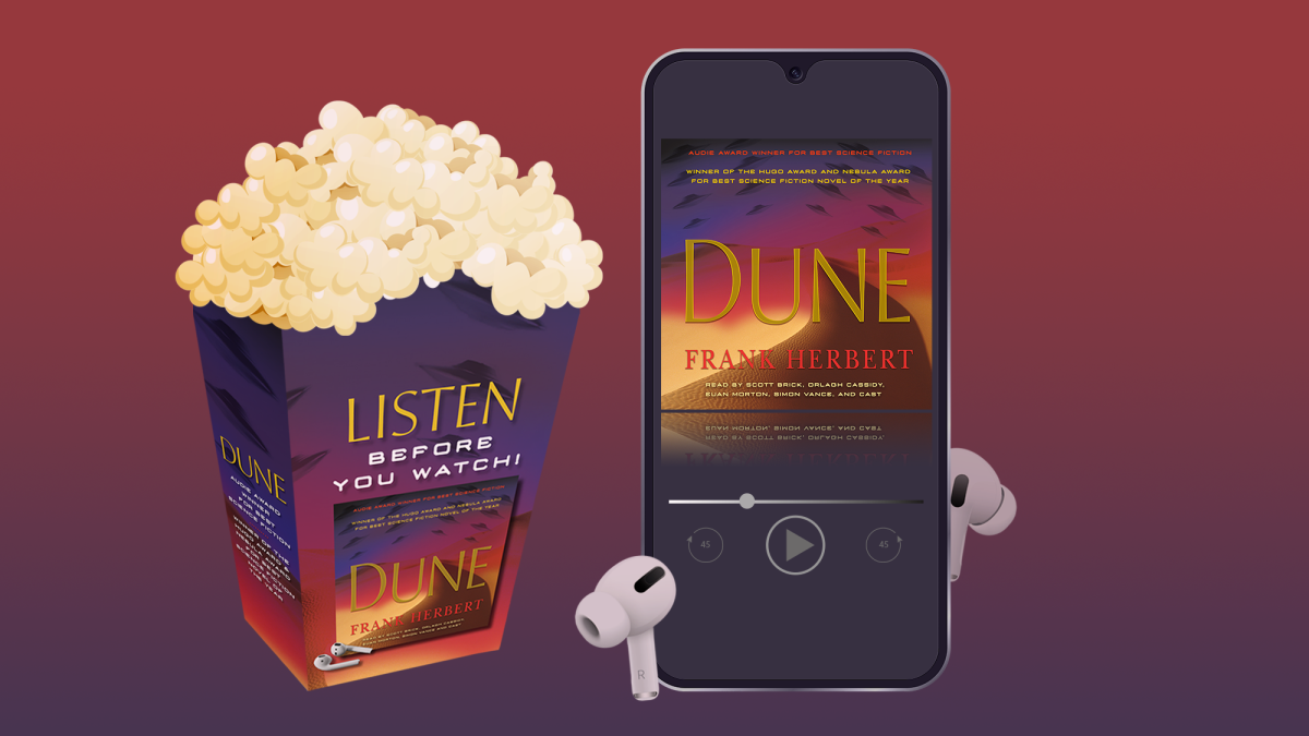 Dune popcorn box and the Dune audiobook image on a cell phone