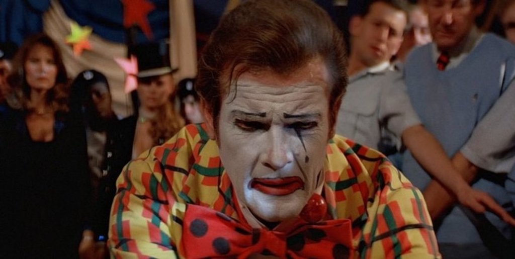 Roger Moore as clown in Octopussy