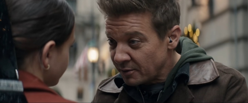 Jeremy Renner as Clint Barton wearing a hearing aid in Marvel's Hawkeye