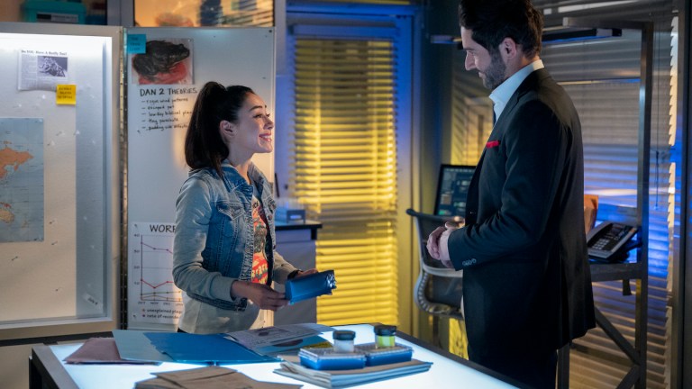 Aimee Garcia as forensic scientist Ella Lopez consults with Tom Ellis' Lucifer Morningstar.