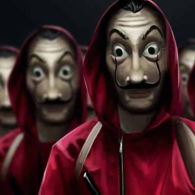 Masked figures in red jumpsuits from Netflix's Money Heist