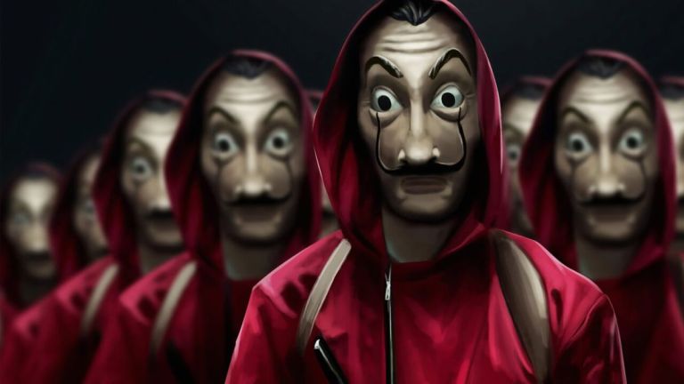 Masked figures in red jumpsuits from Netflix's Money Heist