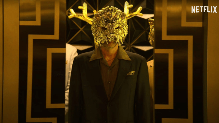 One of Squid Game's VIPs in a gold animal mask