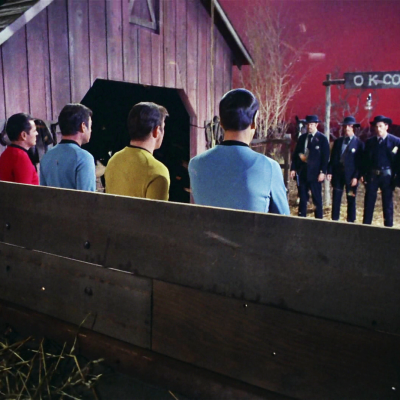 The Star Trek crew in an old-fashioned western stand off