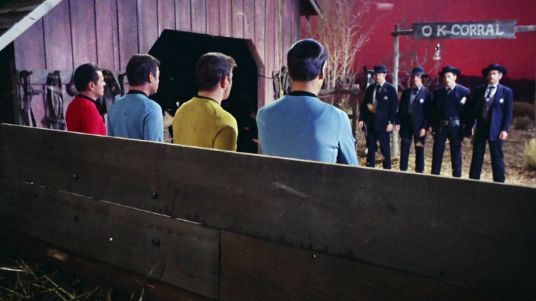 The Star Trek crew in an old-fashioned western stand off