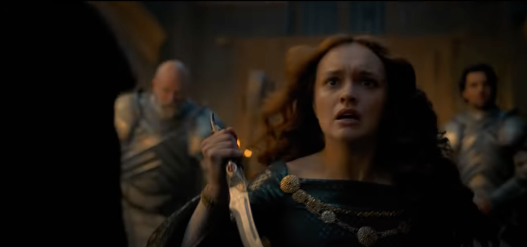 Lady Allicent Hightower holding Littlefinger Valyrian dagger