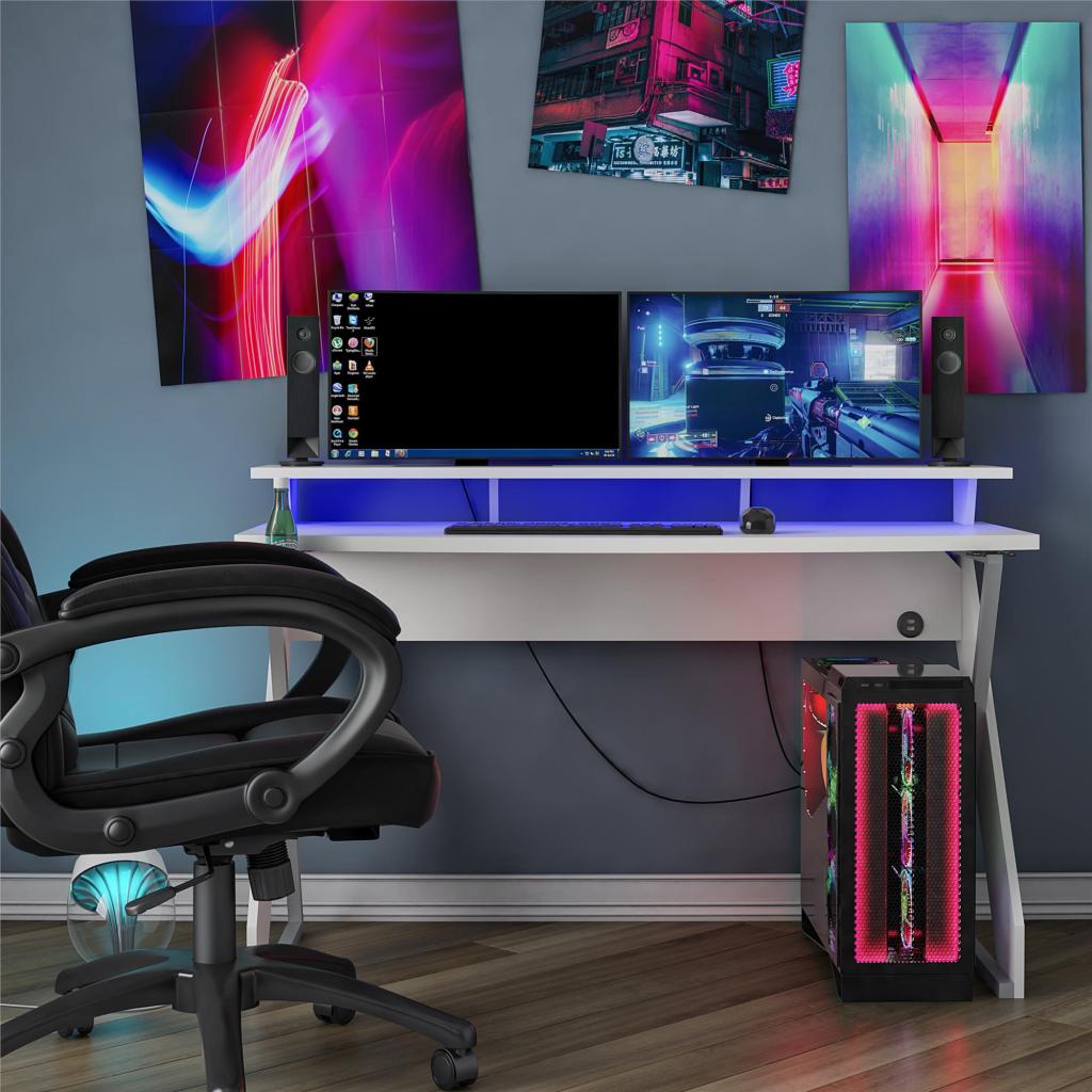 Gaming desk, chair, and PC setup