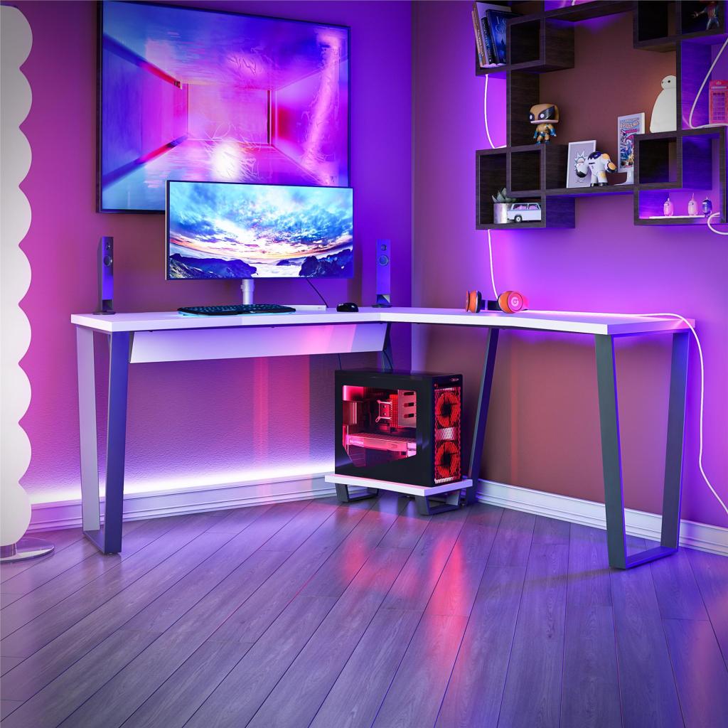 Gaming desk, monitor, PC and shelves in purple lighting.