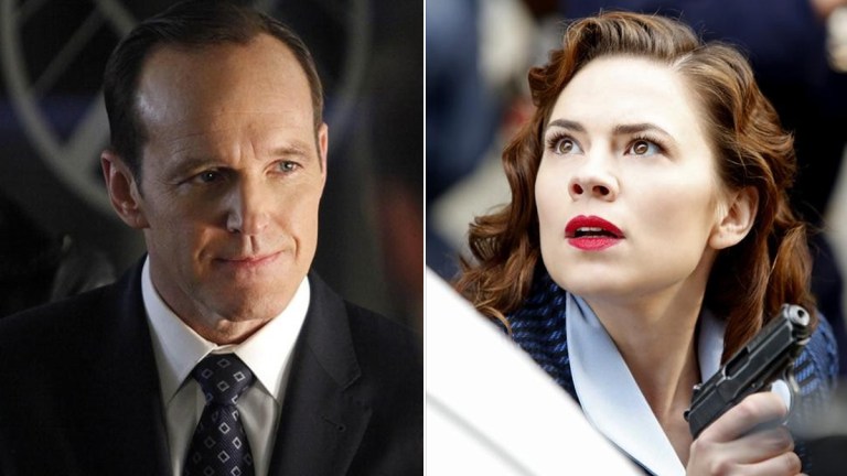 Clark Gregg as Phil Coulson on Agents of SHIELD; Hayley Atwell as Peggy Carter on Agent Carter.