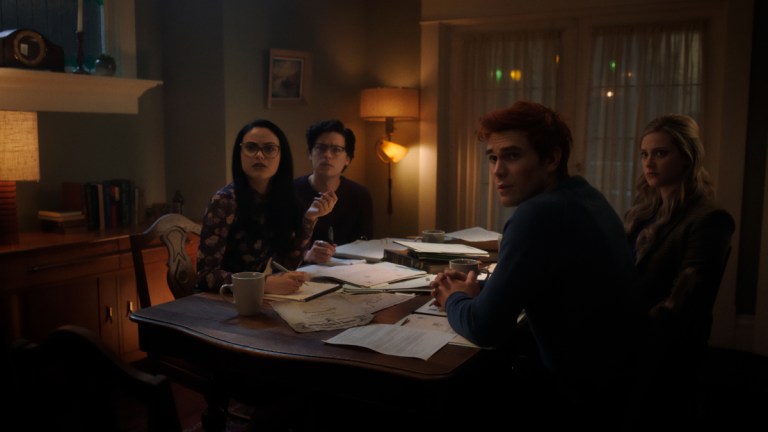 Riverdale -- “Chapter Ninety-Five: RIVERDALE: RIP (?)” -- Image Number: RVD519fg_0066r -- Pictured (L-R): Camila Mendes as Veronica Lodge, Cole Sprouse as Jughead Jones, Lili Reinhart as Betty Cooper and KJ Apa as Archie Andrews