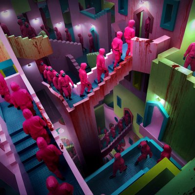 The workers go up stairs in Squid Game