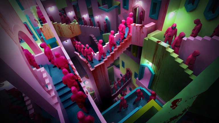 The workers go up stairs in Squid Game