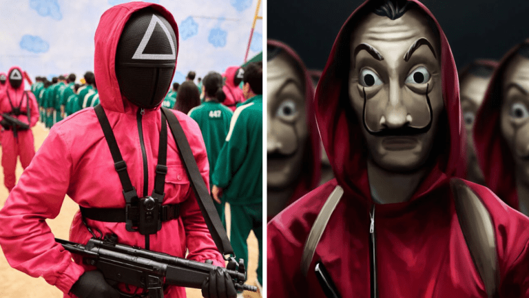 Figures in red jumpsuits in Squid Game and Money Heist