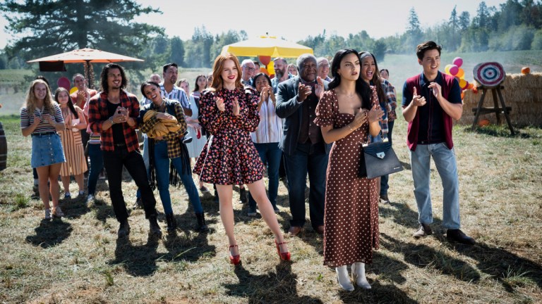 Riverdale -- “Chapter Ninety-Six: Welcome to Rivervale” -- Image Number: RVD601a_0115r -- Pictured (L - R): Drew Ray Tanner as Fangs Fogarty, Vanessa Morgan as Toni Topaz, Madelaine Petsch as Cheryl Blossom, Alvin Sanders as Pop Tate, Camila Mendes as Veronica Lodge, Erinn Westbrook as Tabitha Tate and Cole Sprouse as Jughead Jones -- Photo: Kailey Schwerman/The CW -- © 2021 The CW Network, LLC. All rights reserved.