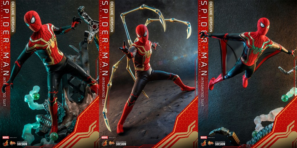 Images de figurines Hot Toys Spider-Man en costume intégré.