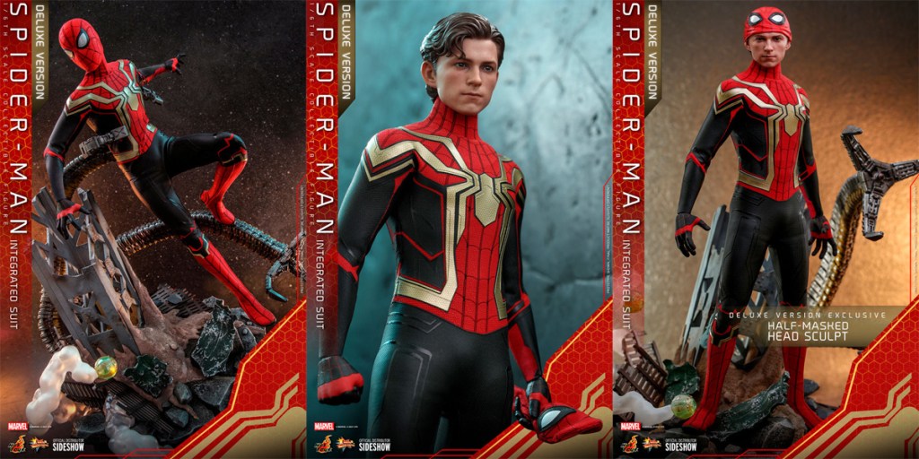 Images de figurines Hot Toys Spider-Man en costume intégré.