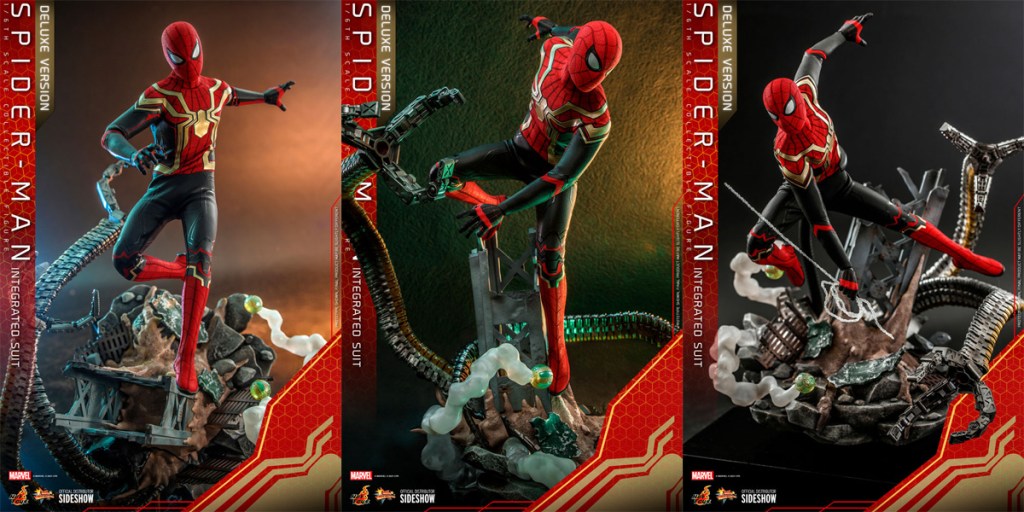 Images de figurines Hot Toys Spider-Man en costume intégré.