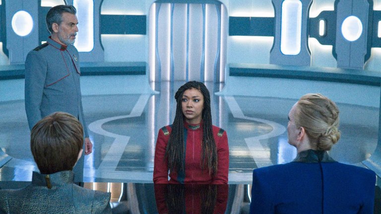 Burnham meets with the Federation leadership in Star Trek: Discovery Season 4
