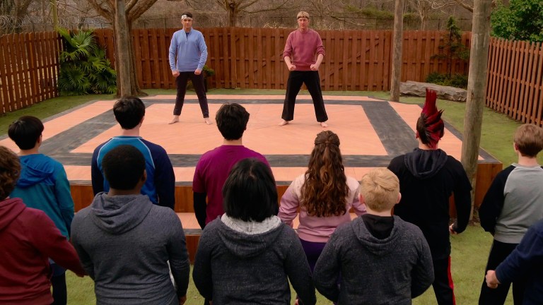 Johnny Lawrence (William Zabka) and Daniel LaRusso (Ralph Macchio) ready to train in Cobra Kai season 4