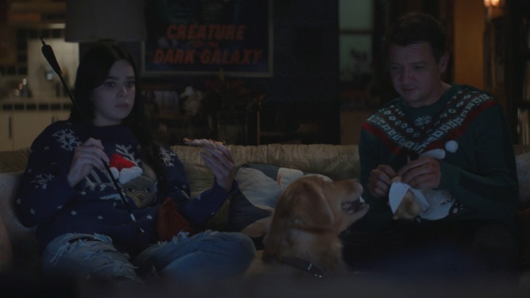 Kate Bishop (Hailee Steinfeld), Pizza Dog, and Clint Barton (Jeremy Renner) simply have a wonderful Christmastime.