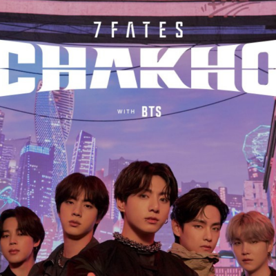 Promo image for 7Fates: Chakho, the BTS webtoon featuring the seven members looking at the camera